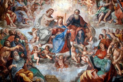 Koronacja Matki Boskiej. Fresk. Kościół San Donato. Genua. Włochy. autorstwa . .