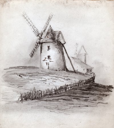 Wiatrak w Normandii we Francji. ok. 1830 (ilustracja) autorstwa . .