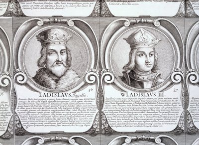 Władysława II Jagiełły i Władysława III Warneńczyka, no. 36 i 37 z "Series Chronologica Ducum et Regum Polonorum" (rycina) autorstwa . .