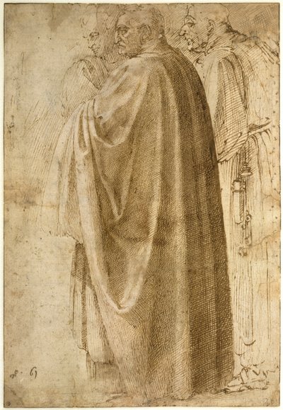 Trzej stojący mężczyźni w szerokich płaszczach zwróceni w lewo autorstwa Michelangelo