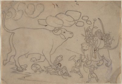 Durga konfrontuje się z Buffalo Demon Mahishą: Scena z Devi Mahatmya, Ka. 1780. autorstwa a first generation master after Nainsukh