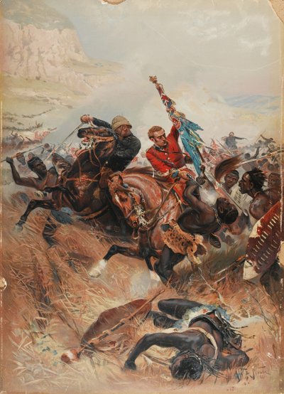 Porucznicy Melville i Coghill Saving the Colours, Zulu War of 1879, 1881 (chromolitho) autorstwa after Alphonse Marie de Neuville
