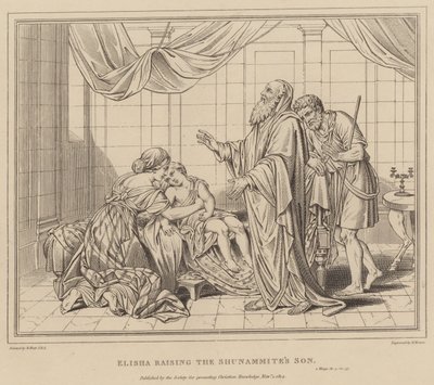 Elizeusz wskrzesił syna Szunamitów, 2 królów autorstwa after Benjamin West