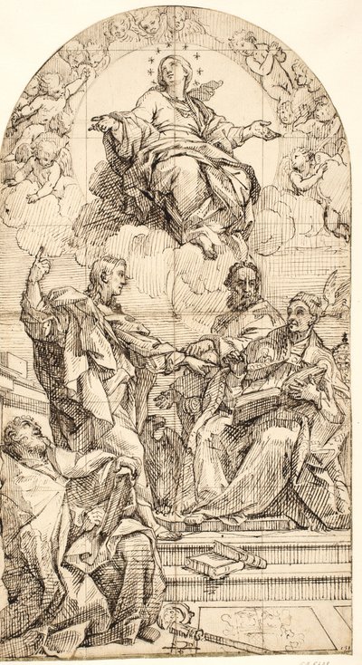 Niepokalane Poczęcie ze św. Janem Ewangelistą, Grzegorzem Wielkim, Janem Chryzostomem i Augustynem autorstwa after Carlo Maratti