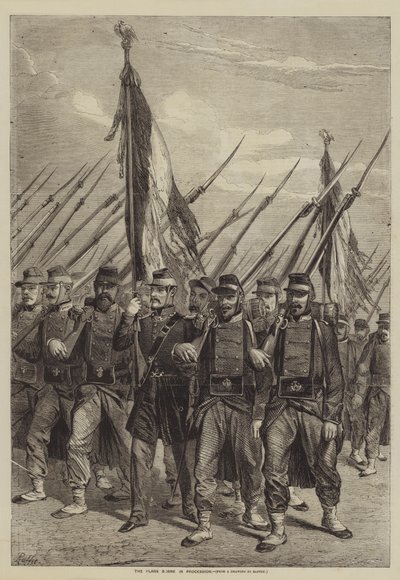 Flagi niesione w procesji autorstwa after Denis Auguste Marie Raffet