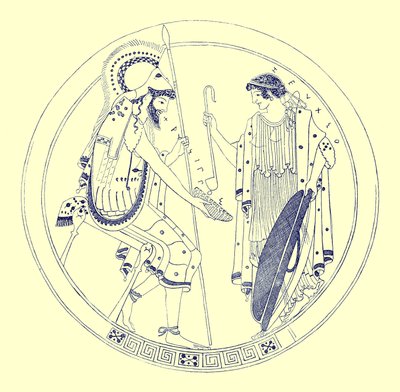 Siedzący wojownik trzyma swój kielich z winem, ilustracja z greckich obrazów wazonowych autorstwa J.E. Harrisona i D.S. MacColla, opublikowanych w 1894 r. (obraz ulepszony cyfrowo) autorstwa after English School