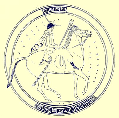 Chłopiec na koniu, ilustracja z greckich obrazów wazonowych autorstwa J.E. Harrisona i D.S. MacColla, opublikowana w 1894 r. (obraz ulepszony cyfrowo) autorstwa after English School