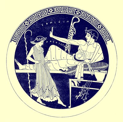 Tańcząca dziewczyna i ucztująca młodzież, ilustracja z greckich obrazów wazonowych autorstwa J. E. Harrisona i D. S. MacColla, opublikowana w 1894 r. (obraz ulepszony cyfrowo) autorstwa after English School