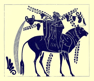 Dionizos jadący na byku, ilustracja z greckich obrazów wazonowych autorstwa J.E. Harrisona i D.S. MacColla, opublikowana w 1894 r. (obraz ulepszony cyfrowo) autorstwa after English School