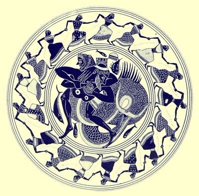 Herakles walczący z Trytonem, ilustracja z greckich obrazów wazowych autorstwa J. E. Harrisona i D. S. MacColla, opublikowana w 1894 r. (obraz ulepszony cyfrowo) autorstwa after English School