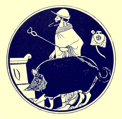Hermes i pies w masce, ilustracja z greckich obrazów wazonowych autorstwa J. E. Harrisona i D. S. MacColla, opublikowana w 1894 r. (obraz ulepszony cyfrowo) autorstwa after English School
