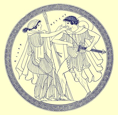 Tezeusz i Aethra, ilustracja z greckich obrazów wazonowych autorstwa J.E. Harrisona i D.S. MacColla, opublikowana w 1894 r. (obraz ulepszony cyfrowo) autorstwa after English School