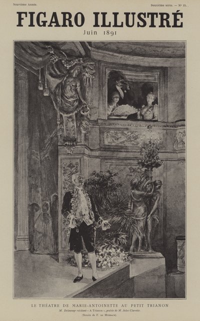 Francuski aktor Louis Arsene Delaunay recytujący wiersz Jules Clareties A Trianon w Theatre de Marie Antoinette w Petit Trianon, Wersal autorstwa after Felicien baron de Myrbach Rheinfeld