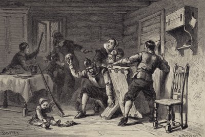 Purytanie barykadują swój dom przed Indianami autorstwa after Felix Octavius Carr Darley