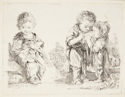 Dziecko siedzące na grudce ziemi i Mali pijący mleko autorstwa after Francois Boucher