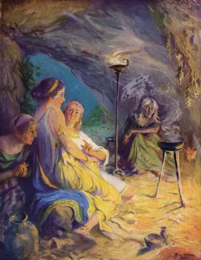 Glaucus i Ione szukają schronienia w jaskini czarownic autorstwa after Frederick Coffay Yohn