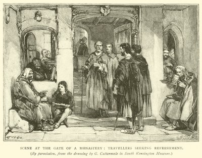 Scena przy bramie klasztoru, podróżnicy szukający orzeźwienia autorstwa after George Cattermole