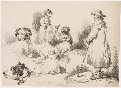 Studia nad dziećmi (dwie małe dziewczynki); Dwa psy; Mężczyzna autorstwa after George Morland