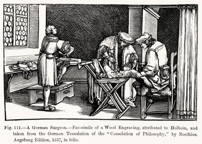Niemiecki chirurg z Pocieszenia filozofii Boecjusza, ilustracja z Nauki i literatury w średniowieczu i renesansie, napisana i rytowana przez Paula Lacroix, 1878 (bw ph autorstwa after German School