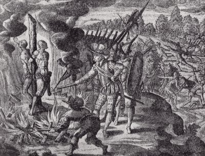 Zemsta Hiszpanów za śmierć Ayolas, z Gottfrieds Historia Antipodum, wyd. w 1655, z Romans of the River Plate, t. I, WH Koebel, 1914 autorstwa after German School