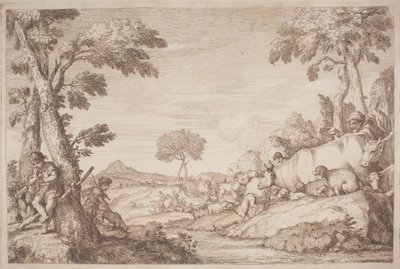 Podróż duszpasterska z chłopcem grającym na flecie przy drzewie autorstwa after Giovanni Benedetto Castiglione Gaetano Zompini