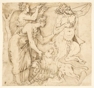 Satyr, dwie kobiety, lew i koza autorstwa after Giulio Romano