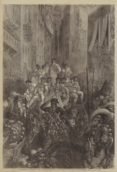 Walka byków w Bayonne, kawalkada zmierzająca do areny na Place de Saint-Esprit autorstwa Gustave after Dore