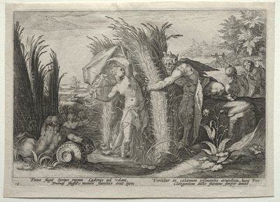 Pan w pogoni za Syrinx autorstwa after Hendrick Goltzius