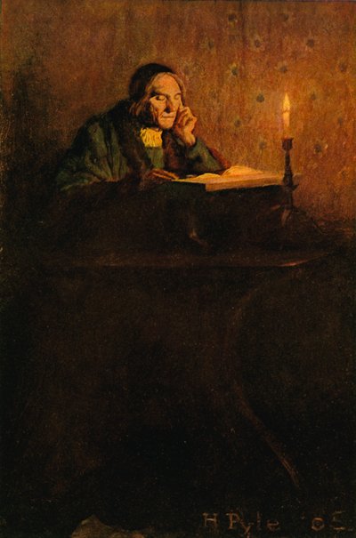 Przy biurku siedział schludny i pomarszczony dżentelmen autorstwa after Howard Pyle