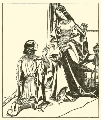Sir Launcelot wita królową Ginewrę autorstwa after Howard Pyle
