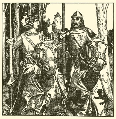 Sir Percival i Sir Lamorack jeżdżą razem autorstwa after Howard Pyle