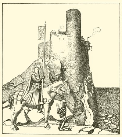 Sir Tristram przybywa do zamku Sir Nabon autorstwa after Howard Pyle