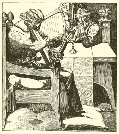 Sir Tristram harfą przed królem Markiem autorstwa after Howard Pyle