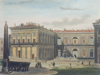 Wewnętrzny dziedziniec Palazzo Pitti, Florencja, rytowany przez Johanna Falkeisena (1804-83) i kolorowany przez L. Cherbuina, ok. 1842 (akwatinta) autorstwa after Italian School