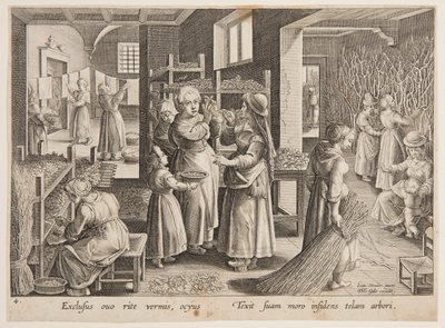Karmienie jedwabników liśćmi morwy autorstwa after Jan van der Straet, called Stradanus