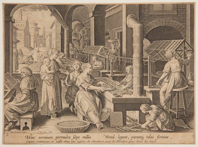 Rozwijanie jedwabnych kokonów autorstwa after Jan van der Straet, called Stradanus
