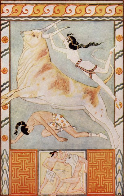 The Bull Baiters, ilustracja z „Mity of Crete and Pre-Hellenic Europe” Donalda A. Mackenzie, opublikowana w 1917 roku autorstwa after John Duncan
