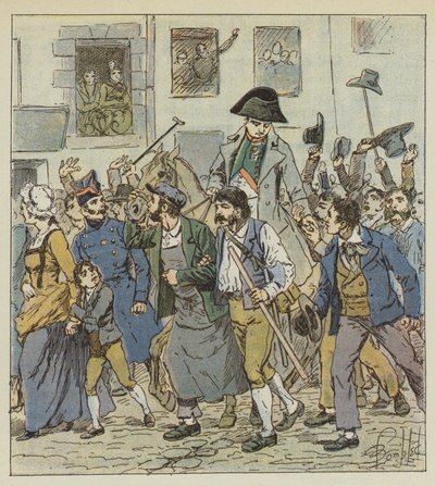 Po powrocie z wyspy Elba cesarz został przyjęty w Faubourg Saint-Antoine z niezrównanym entuzjazmem. autorstwa after Louis Charles Bombled