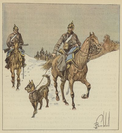 Jeźdźcy pruscy w rozpoznaniu, poprzedzeni psami trzymanymi na smyczy autorstwa after Louis Charles Bombled
