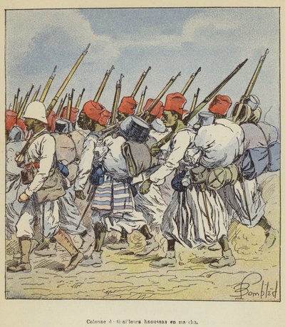 Kolumna harcowników Hausa w marszu autorstwa after Louis Charles Bombled