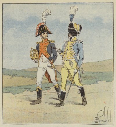 Gwardia Cesarska, Muzycy 1 i 2 Pułku Grenadierów autorstwa after Louis Charles Bombled