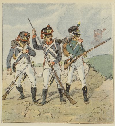 Młoda gwardia, 1806, Poborowy-grenadier, Tirailleur-grenadier, Flanqueur-chasseur autorstwa after Louis Charles Bombled