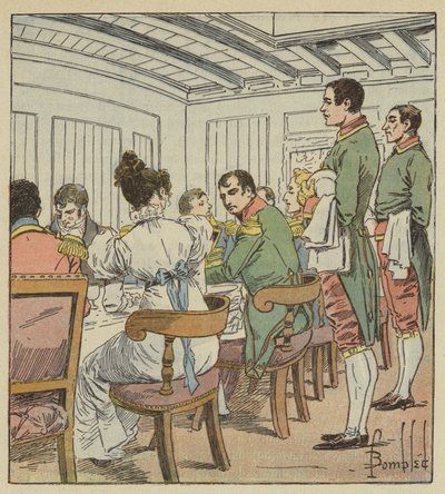 Cesarz miał po lewej stronie Madame de Montholon autorstwa after Louis Charles Bombled