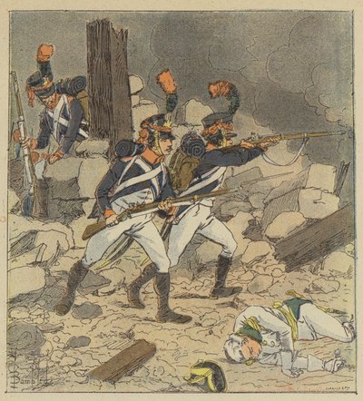 Cesarz wysłał harcowników swojej gwardii do Aspern autorstwa after Louis Charles Bombled