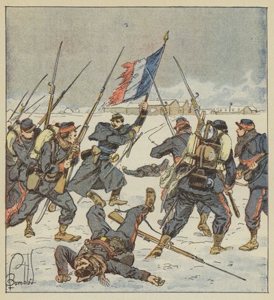 Kapitan Couturie z Mobiles of Sarthe wystrzeliwuje z flagą w dłoni do ataku Mee autorstwa after Louis Charles Bombled