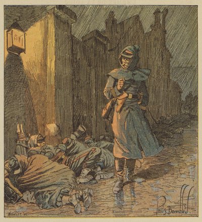 Pułkownik de Bourgoing przechadza się ulicami Cerdon, gdzie jego żołnierze śpią w deszczu autorstwa after Louis Charles Bombled