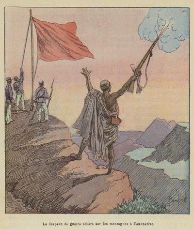 Flaga wojenna powiewa nad górami w Tananarive autorstwa after Louis Charles Bombled