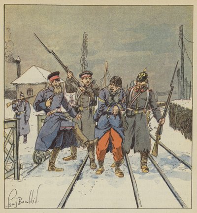Kwatermistrz Papot, ranny i wzięty do niewoli, zostaje haniebnie pobity przez pruskiego oficera autorstwa after Louis Charles Bombled