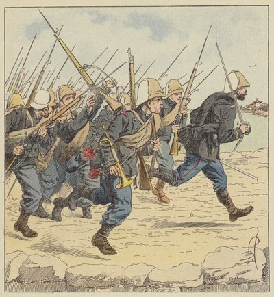 Piechota morska na grobli Tien-Cin autorstwa after Louis Charles Bombled