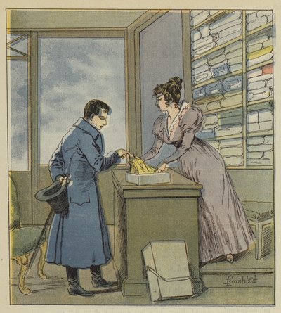 Napoleon w przebraniu w sklepie na rue Saint-Denis autorstwa after Louis Charles Bombled